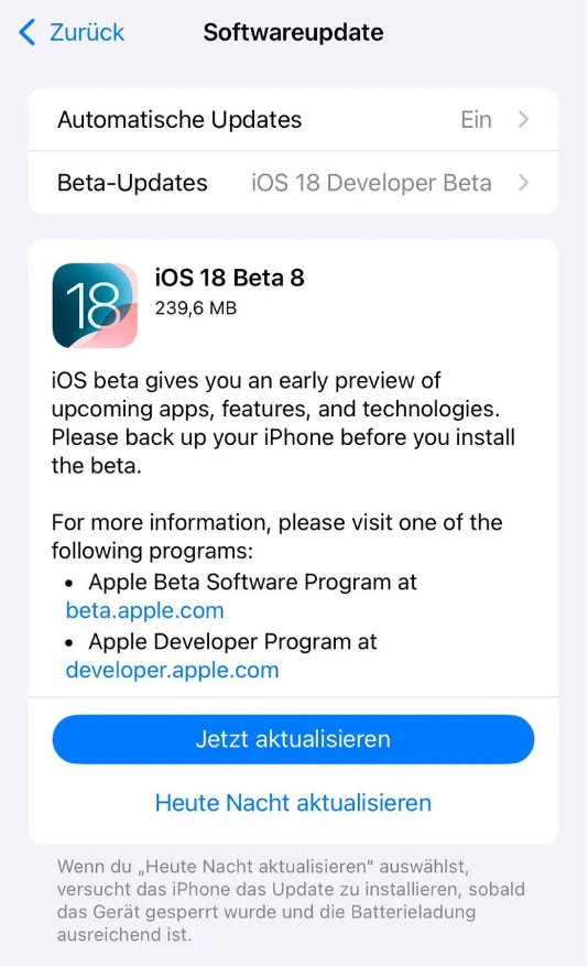 渠县苹果手机维修分享苹果 iOS / iPadOS 18 开发者预览版 Beta 8 发布 